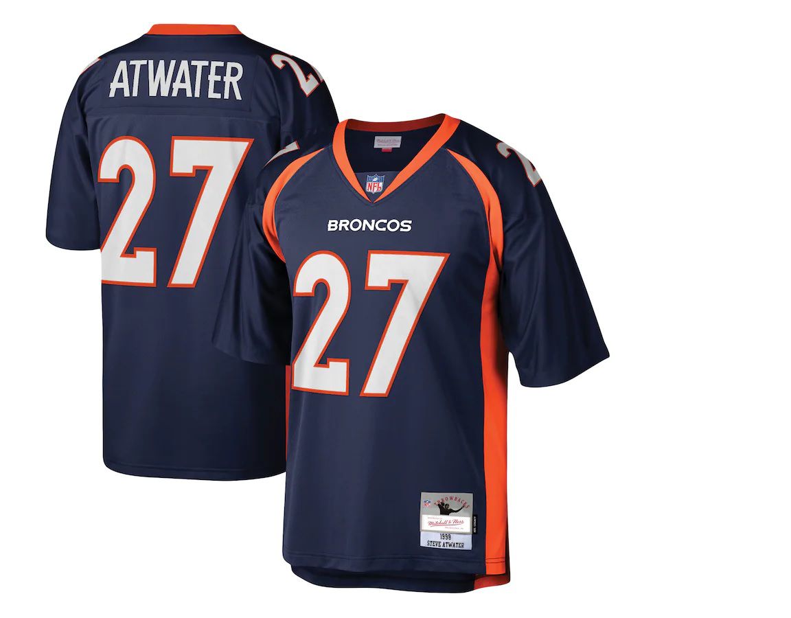 Men Denver Broncos #27 Steve Atwater Mitchell Ness Navy Legacy Replica NFL Jersey->denver broncos->NFL Jersey